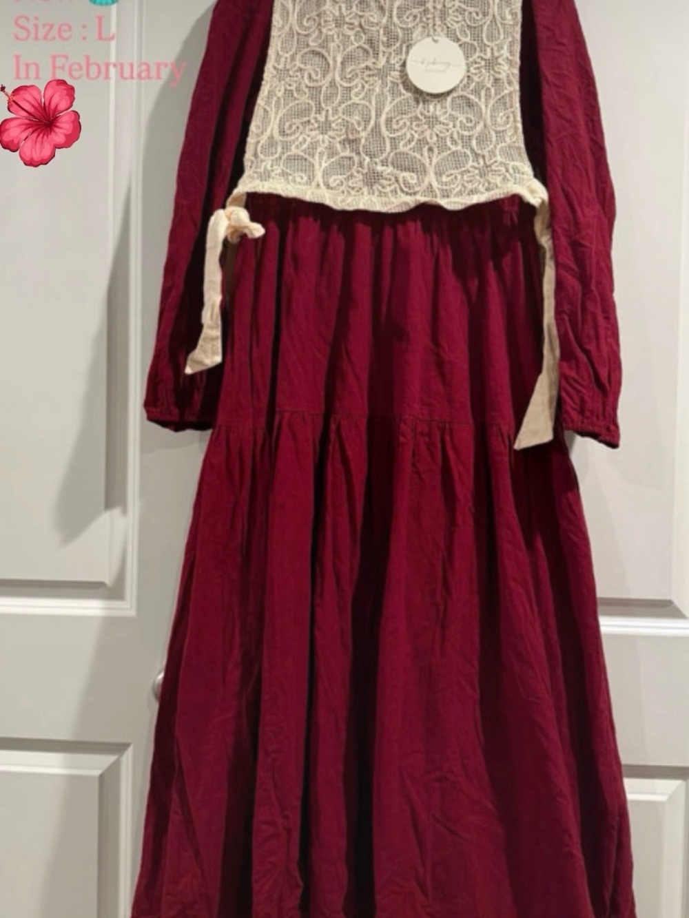 Long Burgundy Tiered Midi Dress with Lace Overlay